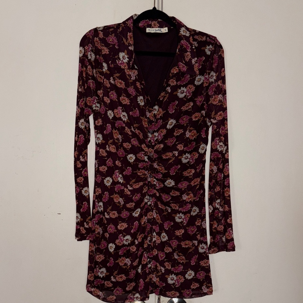Chic Burgundy Floral Long Sleeve Dress